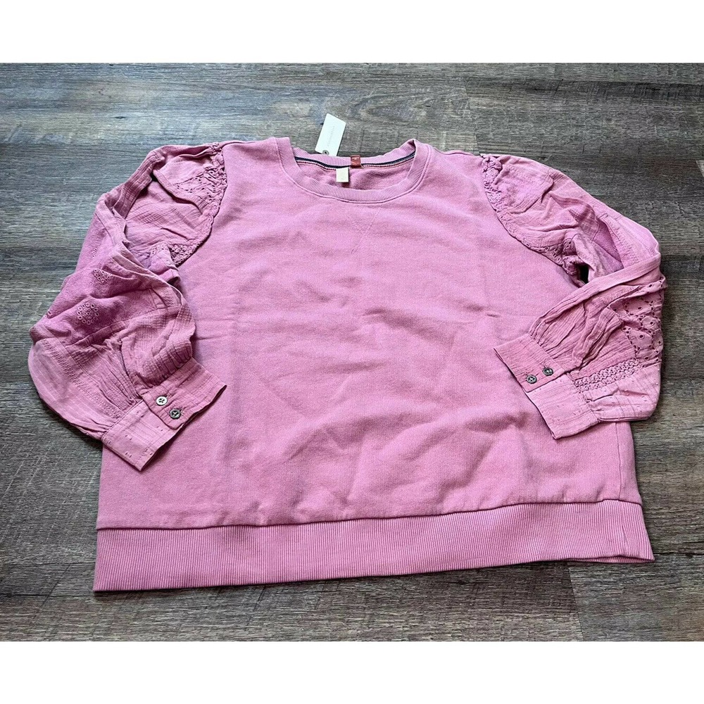 Anthropologie Womens Pullover Sweatshirt Medium Rose Pink Puff Eyelet Sleeve M5 - Picture 1 of 8